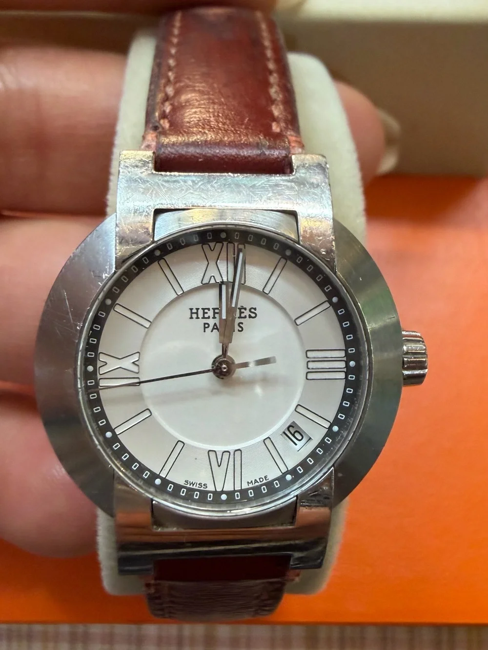 Hermès Silver Dial Women's Watch with Brown Leather Strap